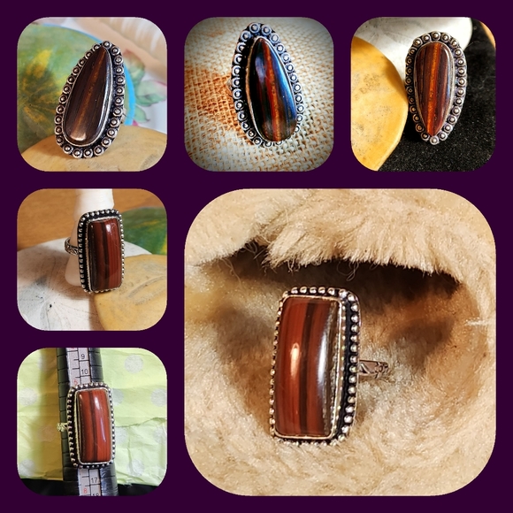 2 Pretty, Natural, Red Tiger Eye, Cabochon Rings.Tr-Drp Shpd-S5, Rctngul-51/4 . - Picture 1 of 9